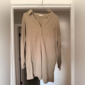 Waffle-Knit Long Sleeve Tunic Sweater - Neutral Tan